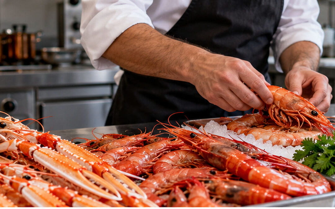 Cocinero profesional preparando una selección de gambas, cigalas y otros mariscos sobre una mesa de acero inoxidable.