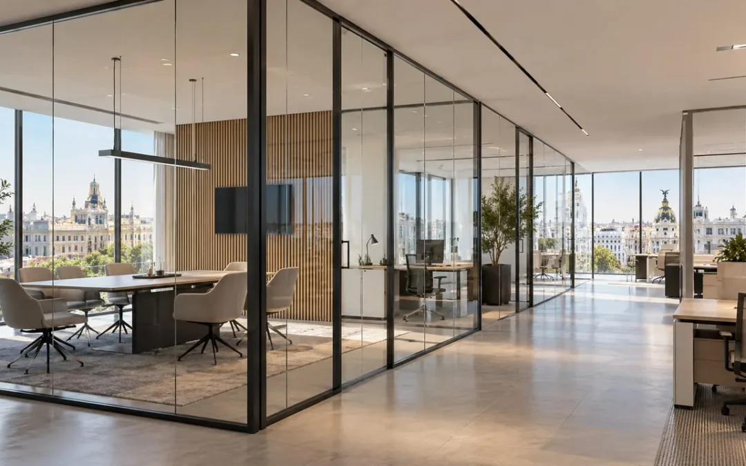 Oficina moderna con divisiones modulares de vidrio y perfiles de aluminio negro que separan despachos y salas de reuniones.